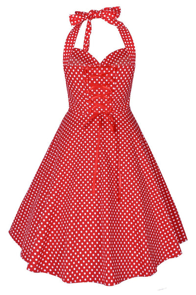Czerwona Sukienka Halter Z Lat 50. W Kropki