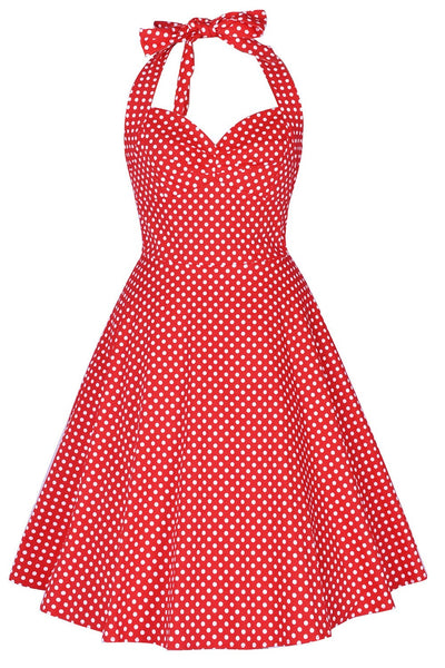 Czerwona Sukienka Halter Z Lat 50. W Kropki