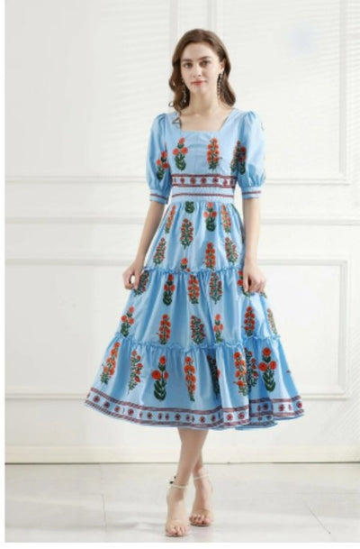 Krótka Sukienka Vintage W Kwiaty, Niebieska