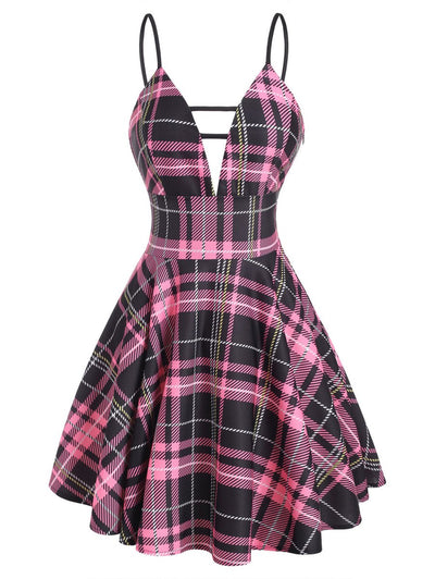 Sznurowana Sukienka W Kratę W Stylu Vintage, Różowa