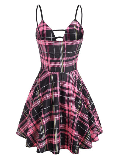 Sznurowana Sukienka W Kratę W Stylu Vintage, Różowa