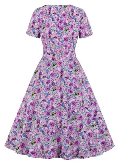 Fioletowa Sukienka Vintage Plus Size Z Wysokim Stanem