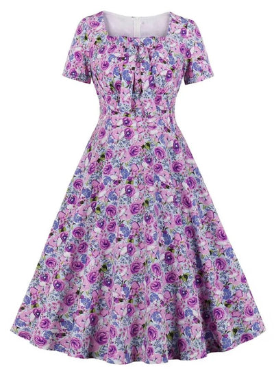 Fioletowa Sukienka Vintage Plus Size Z Wysokim Stanem