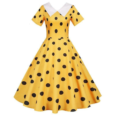 Żółta Sukienka Vintage W Czarne Kropki