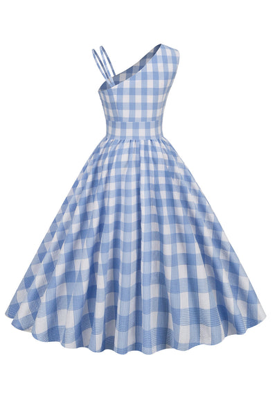 Asymetryczna Sukienka Vintage W Niebieską Kratkę