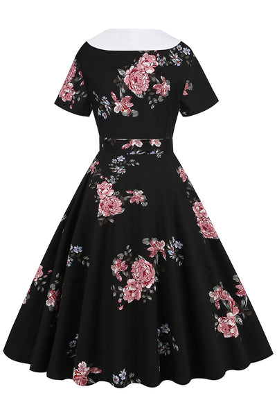 Czarna Sukienka Vintage Z Kwiatowym Nadrukiem I Paskiem