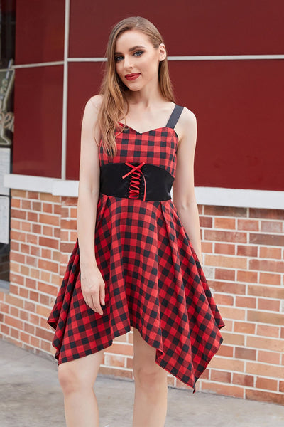 Sukienka Vintage W Czerwono-Czarną Kratę