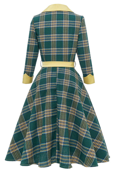 Jesienna Sukienka Vintage W Zieloną Kratę