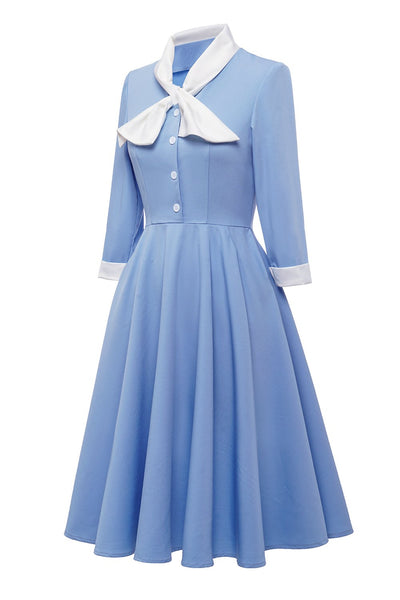 Niebieska Trapezowa Sukienka Vintage Z Muszką