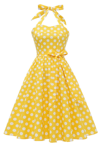 Żółta Sukienka Vintage W Kropki Pin Up