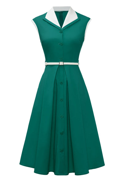 Zielona Trapezowa Sukienka Z Kołnierzykiem W Stylu Vintage