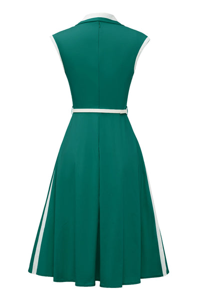 Zielona Trapezowa Sukienka Z Kołnierzykiem W Stylu Vintage
