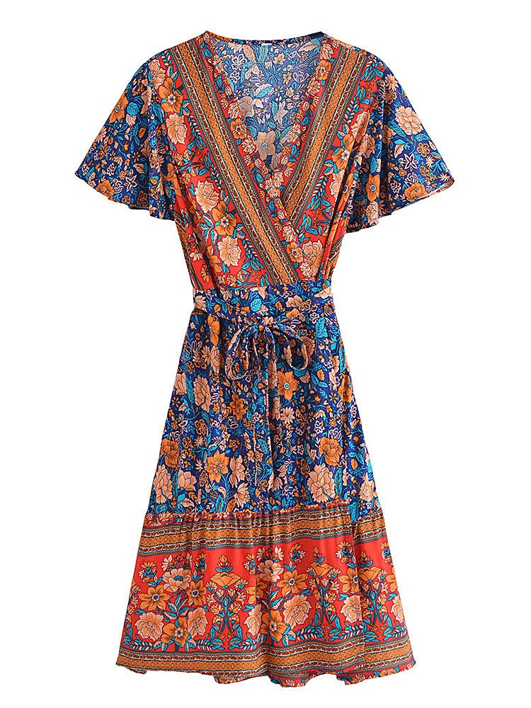 Pomarańczowo-Niebieska Sukienka W Kwiaty Dla Dziewczynki Z Lat 70