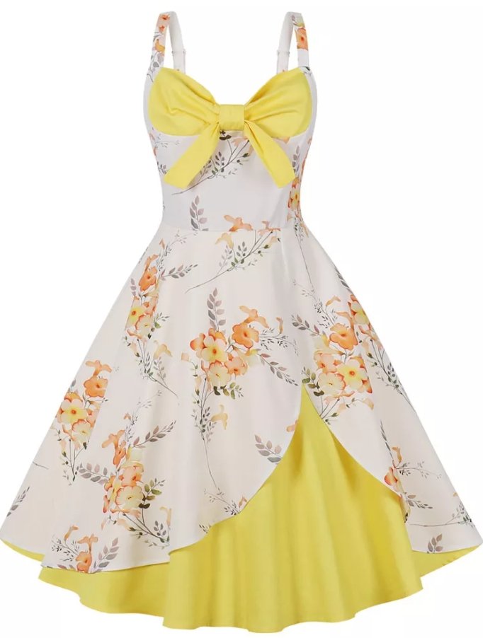 Żółto-Biała Sukienka Petite W Kwiaty W Stylu Vintage