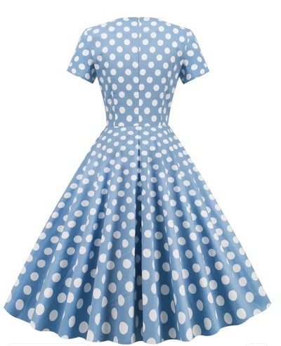Otwarta Niebieska Sukienka W Kropki W Stylu Vintage