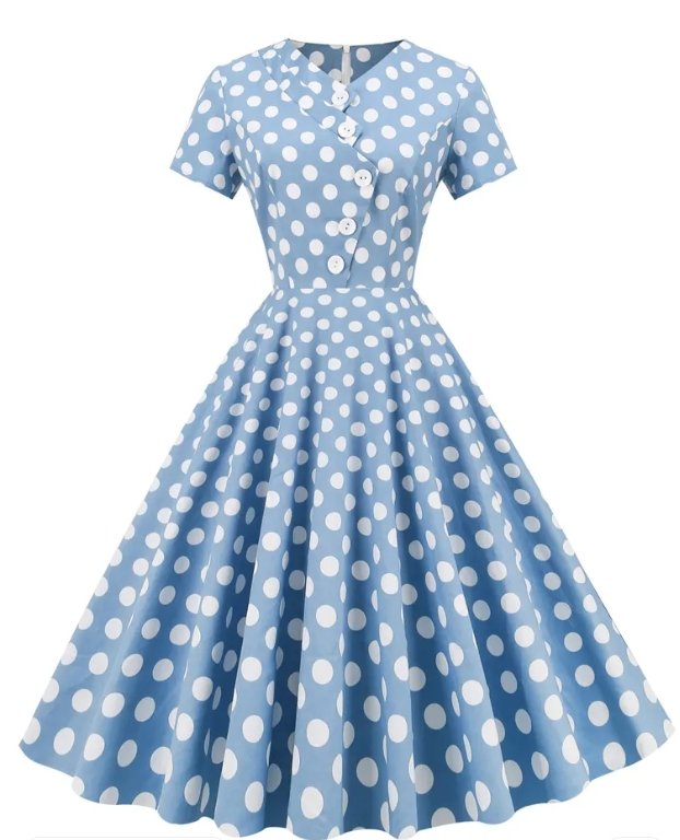 Otwarta Niebieska Sukienka W Kropki W Stylu Vintage