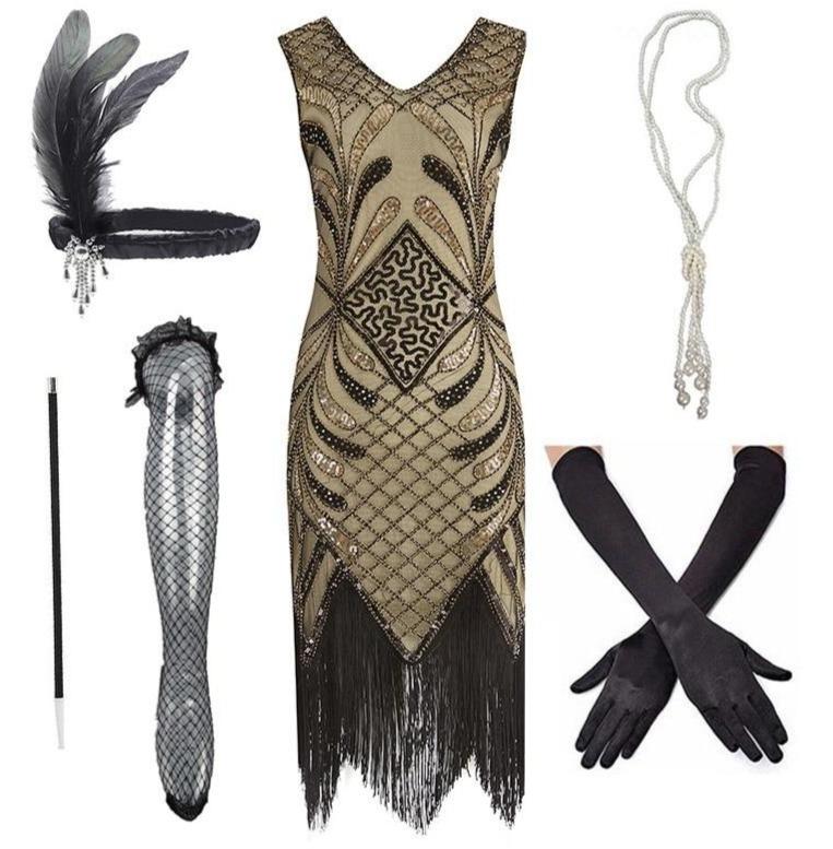 Szykowna Sukienka W Stylu Lat 20. Beżowa