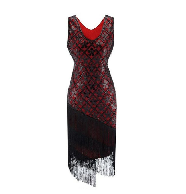 Czerwona Czarna Plus Size Sukienka Vintage Z Lat 20