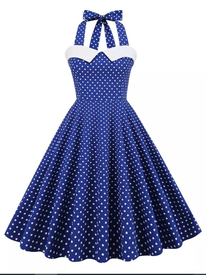 Niebieska Sukienka W Białe Kropki Vintage