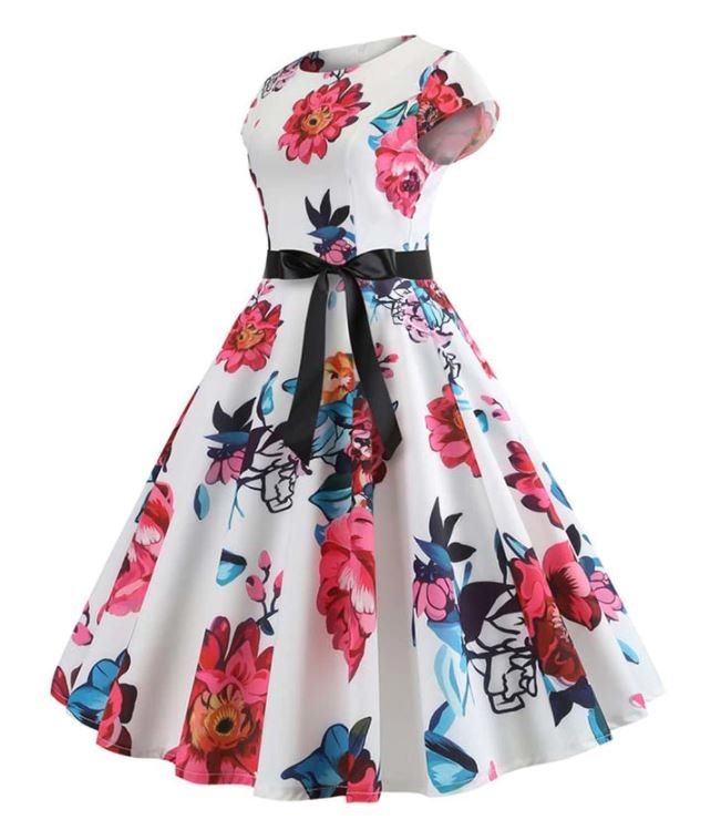 Biało-Różowa Sukienka Rozkloszowana W Stylu Vintage