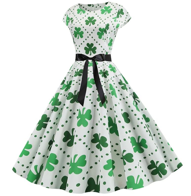 Vintage Sukienka Rozkloszowana W Białe Kropki Kwiaty