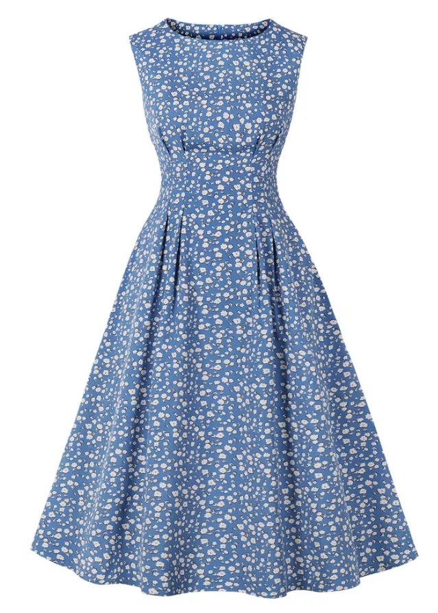 Sukienka Vintage Flare Niebieskie Białe Kwiaty