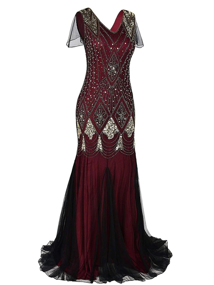 Burgundowa Długa Sukienka Haute Couture Gatsby