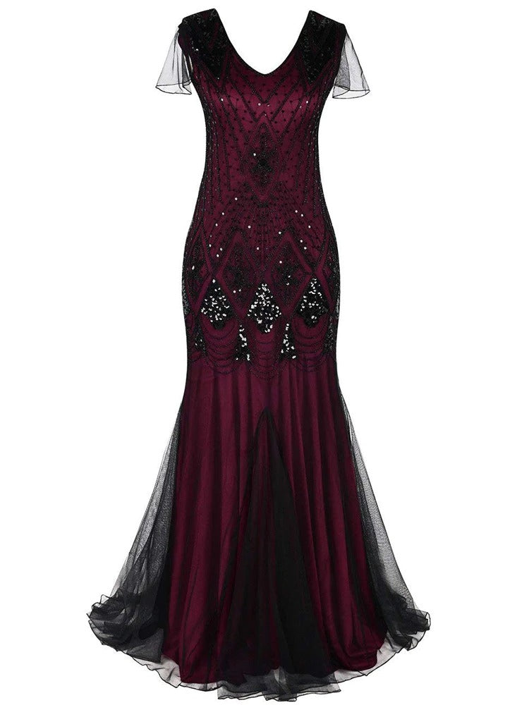 Bordowo-Czarna Długa Sukienka Haute Couture Gatsby