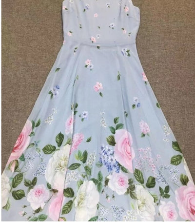 Niebieska Sukienka Maxi W Kwiaty W Stylu Vintage