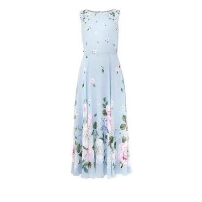Niebieska Sukienka Maxi W Kwiaty W Stylu Vintage