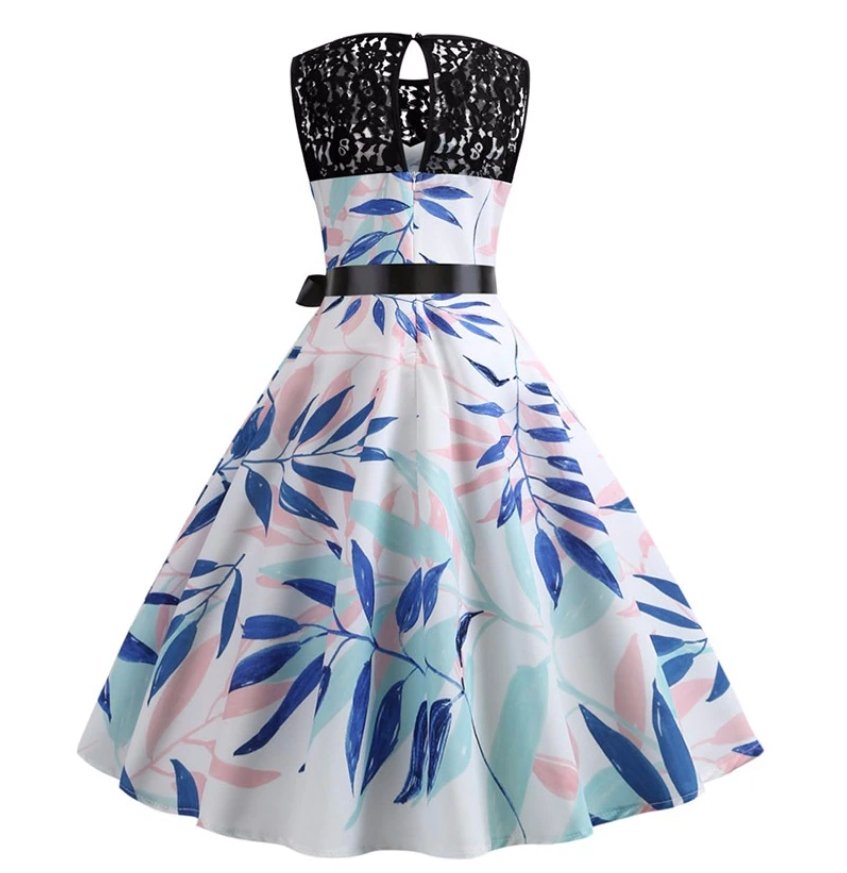 Trapezowa Sukienka Vintage W Kwiaty Niebieska