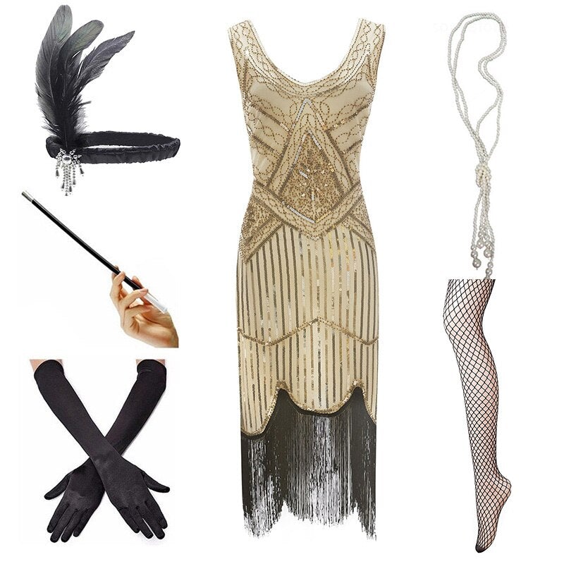 Sukienka Vintage 1920 Beżowo-Czarna