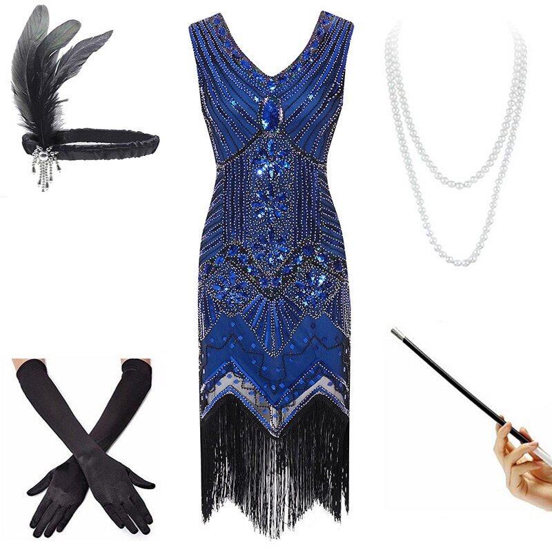 Niebieska Sukienka Vintage Z Lat 20. (Z Dodatkami)