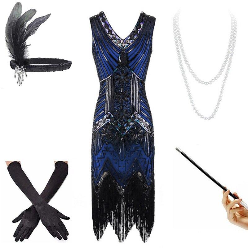 Czarno-Niebieska Sukienka Vintage Z Lat 20. XX Wieku