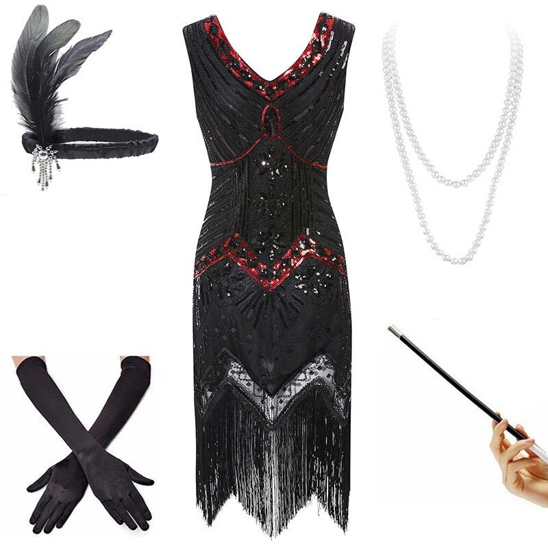 Czerwono-Czarna Sukienka Vintage Z Lat 20. (Z Dodatkami)