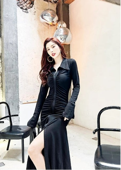 Czarna Sukienka Jesienno-Zimowa W Stylu Vintage