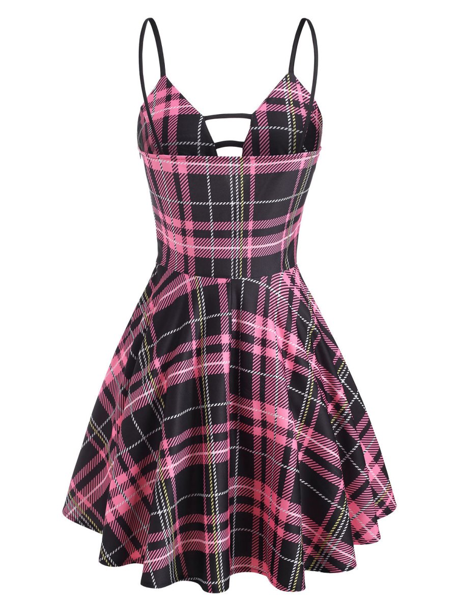 Sznurowana Sukienka W Kratę W Stylu Vintage, Różowa