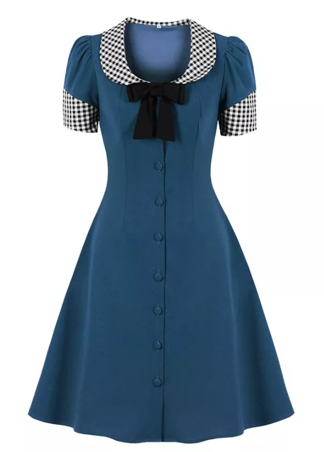 Niebieska Sukienka Vintage Z Okrągłym Dekoltem