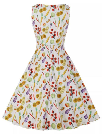 Kremowa Sukienka Vintage Z Okrągłym Dekoltem W Kwiaty