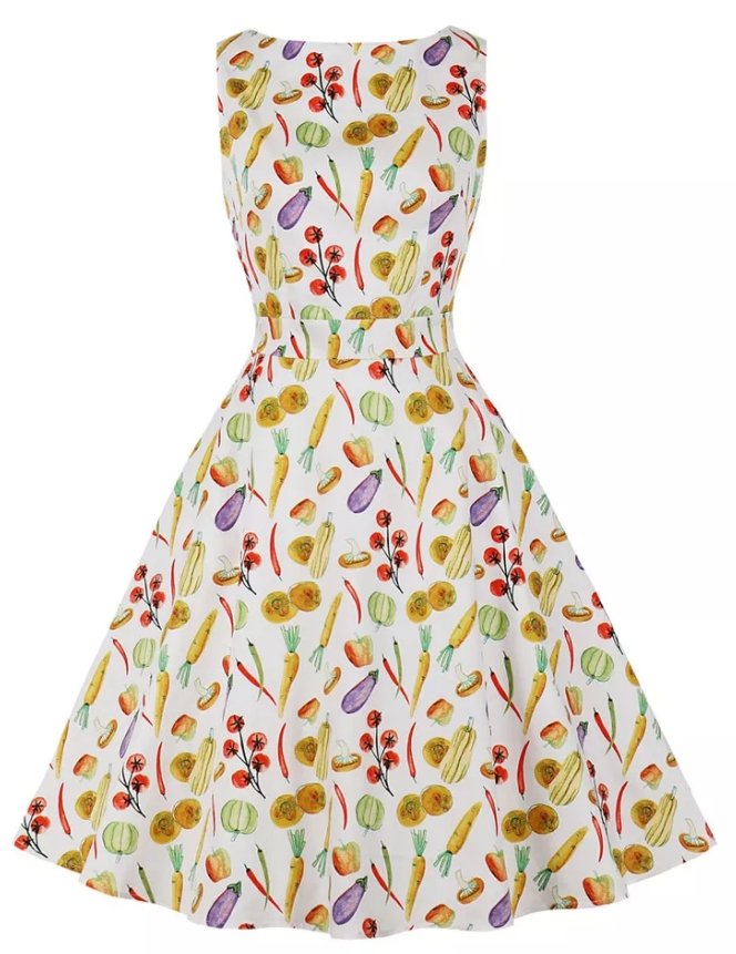 Kremowa Sukienka Vintage Z Okrągłym Dekoltem W Kwiaty
