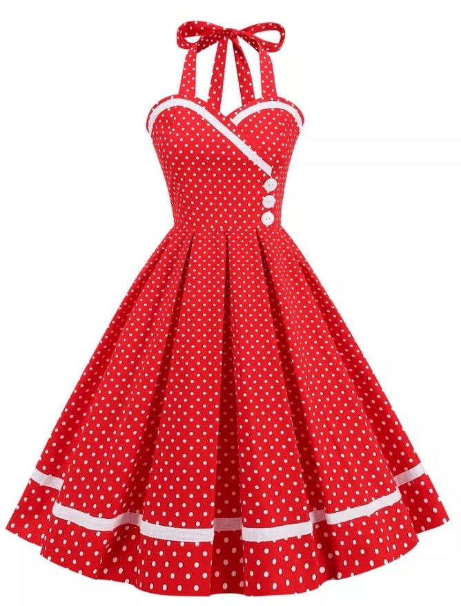Czerwona Sukienka W Kropki Z Okrągłym Dekoltem W Stylu Vintage