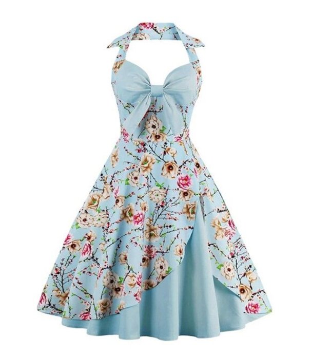 Sukienka Vintage Plus Size Beżowe Niebieskie Kwiaty