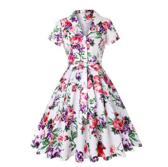 Biała Sukienka Vintage Plus Size W Kwiaty