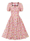 Różowa Sukienka Vintage Plus Size Z Wysokim Stanem