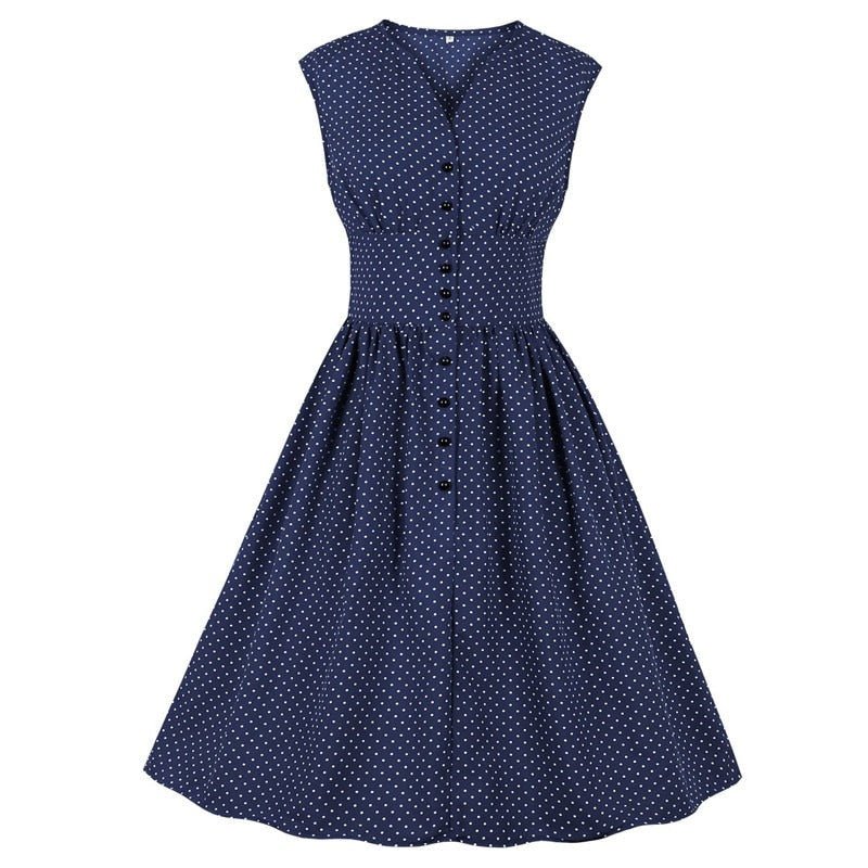 Niebieska Sukienka Vintage Plus Size W Kropki