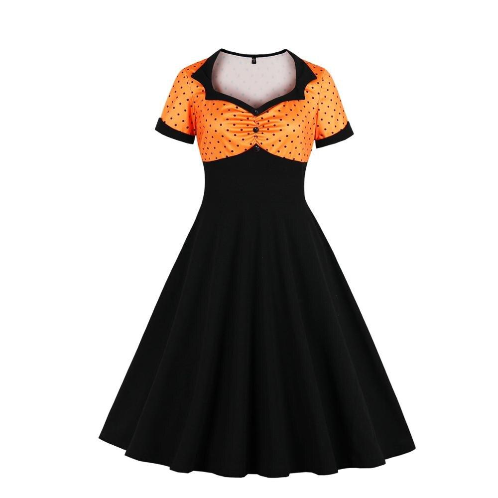Pomarańczowa Czarna Rozkloszowana Sukienka Vintage Plus Size