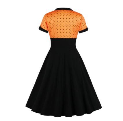 Pomarańczowa Czarna Rozkloszowana Sukienka Vintage Plus Size