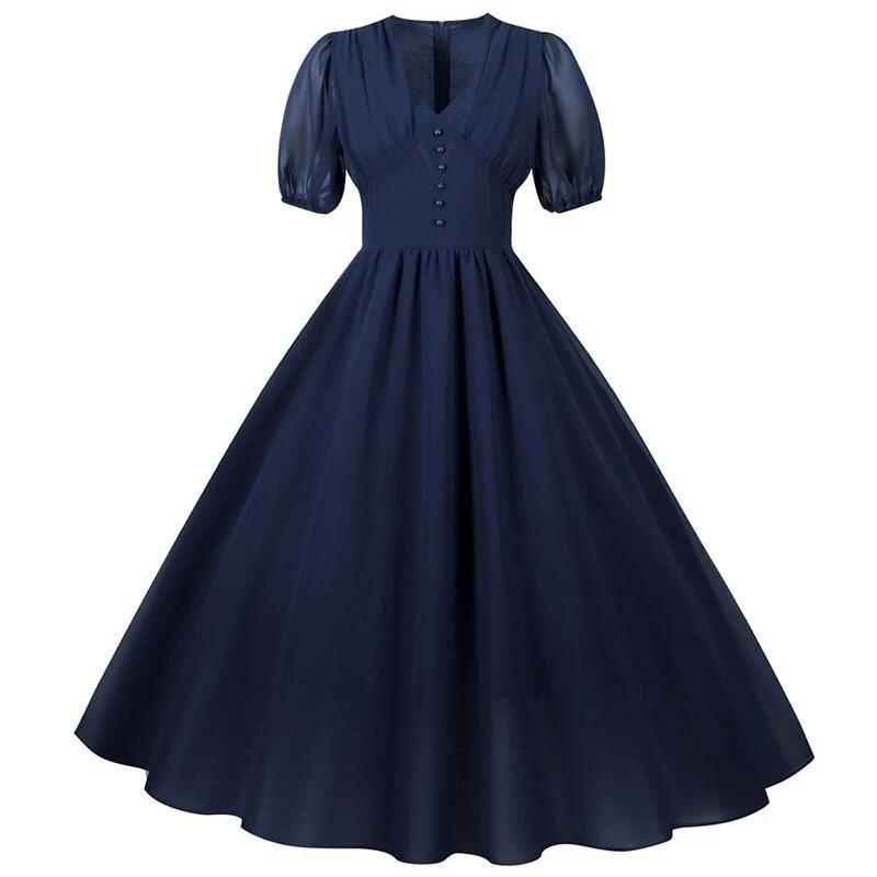 Niebieska Długa Sukienka Vintage Z Lat 50