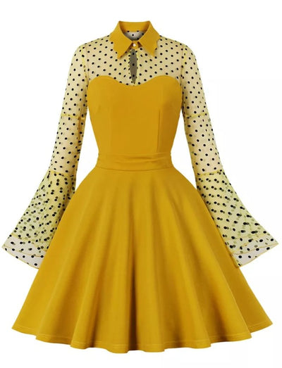 Żółta Sukienka Pin Up Plus Size W Stylu Vintage