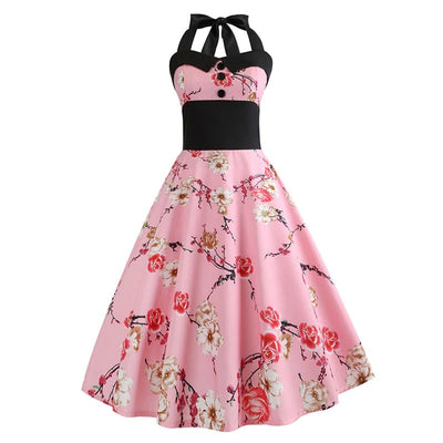 Różowa Sukienka Vintage Pin-Up W Kwiaty